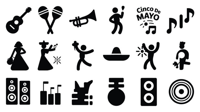 Cinco de mayo music themed icon set with guitar maracas trumpet and dancing people
