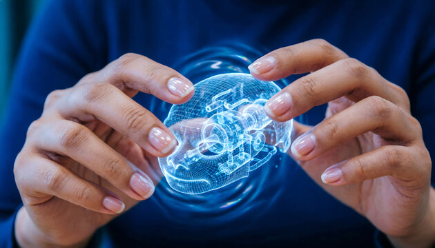 Professional hands rotating a holographic 3D data model for a multi-angle structural review.
