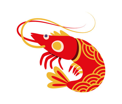 Shrimp for Japanese New Year holiday icon with Asian ornament for Japan symbol. Red shrimp or ebi prawn in traditional decorative art with festive ornament for Japanese New Year dish or sushi seafood