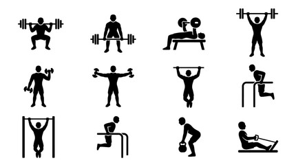 Obraz premium Set of black silhouette icons showing people performing various fitness and weightlifting exercises.
