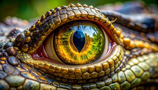 ジャングルの景色を映し出すゴールドの虹彩が美しいワニの目のマクロ写真
