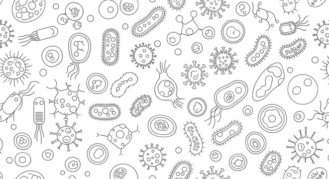 Seamless pattern featuring various microscopic organisms including bacteria and viruses drawn in a simple black and white line art style.
