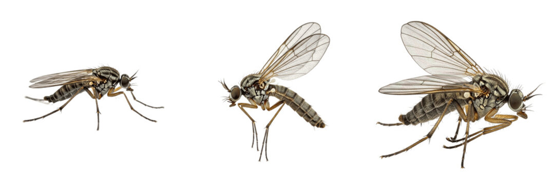 Gnat resting pose, Bradysia sp, stationary surface attachment stance, Sciaridae family, folded wings over abdomen configuration, downward head tilt position, agricultural nursery substrate