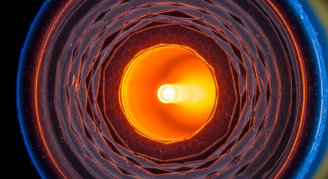 Minimalist tech background featuring an extreme macro shot of a fiber optic cable cross section with a bright glowing core
