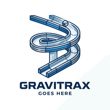 3D marble run track logo with blue metallic rails.
