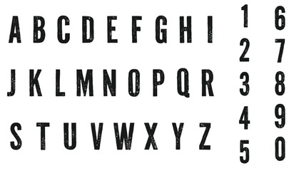 grunge condensed alphabet font set with vintage distressed letters and bold numeric typography style © Abdul