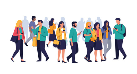 Obraz premium Illustration of a busy crowd of people walking in the street while being distracted by their mobile phone screens.
