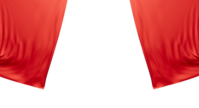 The red stage curtain opens on a transparent backdrop-3D render