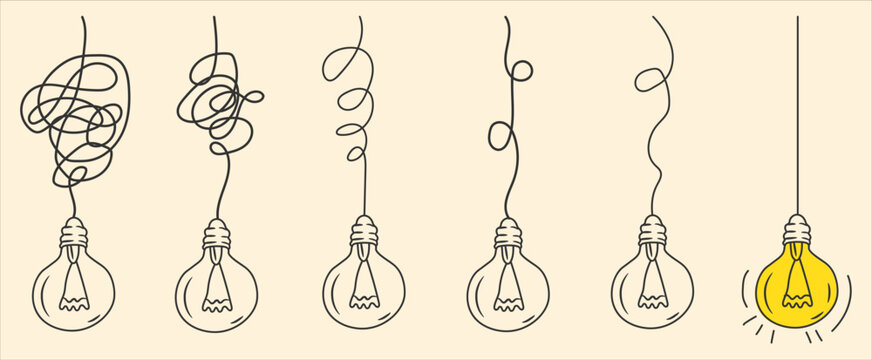 Lightbulb idea doodle. Hanging light bulbs with tangled wires. Innovation and complex problem, business solution mind vector concept.