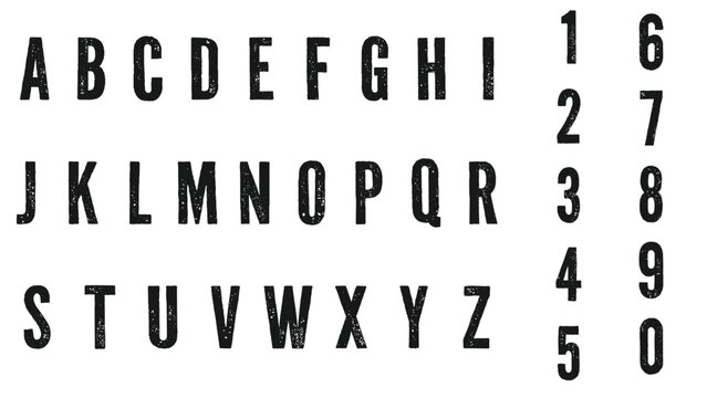 grunge condensed alphabet font set with vintage distressed letters and bold numeric typography style