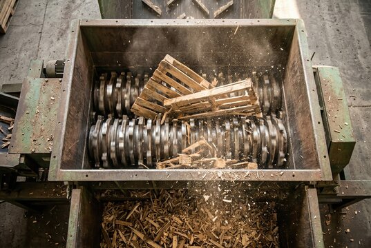 Close up of heavy metal teeth grinding waste wood into sawdust and chips
