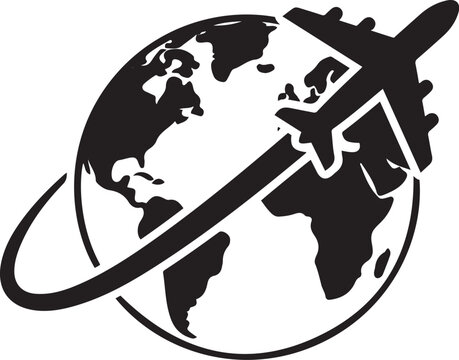 Silhouette of airplane flying around the globe