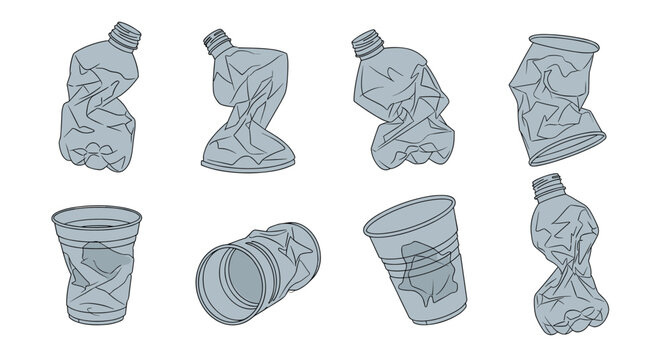 Collection of crushed plastic bottles, cups, and an aluminum can representing various types of recyclable waste items.