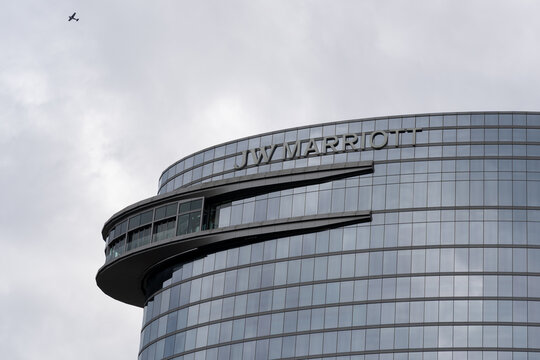 Nashville, Tennessee, USA - December 29, 2021: Top of the JW Marriott Nashville hotel building in Nashville, Tennessee, USA. 