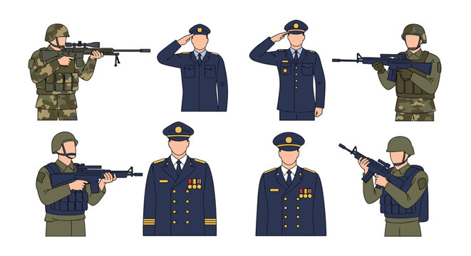 Collection of various military personnel including soldiers with rifles and officers in formal dress uniforms saluting.