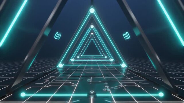 Seamless Loop of Glowing Blue Triangular Grid Circuit Board Ignition in Dark Background