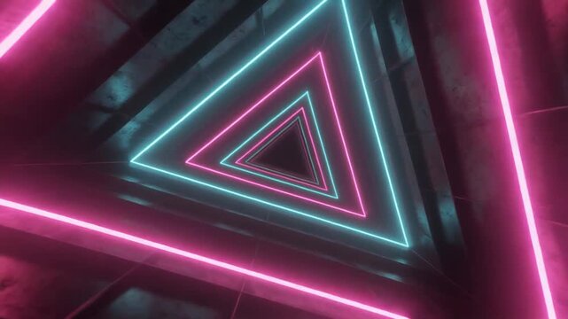 Seamless Loop Neon Triangles Tunnel - A high-quality 3D abstract illustration of a neon-lit triangular tunnel with pink and blue lights