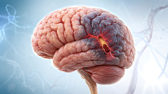 Human brain showing signs of stroke or brain hemorrhage with damaged tissue brain injury blood clot brain damage medical illustration brain stem brain attack brain scan