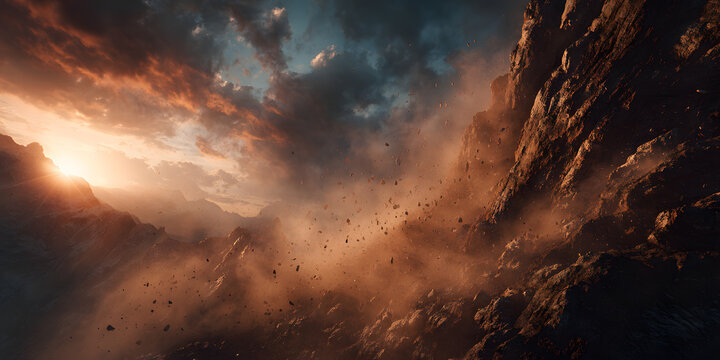 Dramatic landscape showing rockfall disaster in high mountains during golden sunset.