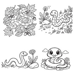 Fototapeta premium Cute Garden Snake Coloring Pages Set with Autumn Leaves, Dandelions, Flowers, and Kawaii Snakes for Kids Crafts
