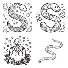 Fototapeta premium Cute Kawaii Snake Coloring Pages Bundle with Baby Snake Hatching, Bubble Snakes, and Simple Snake for Kids Crafts