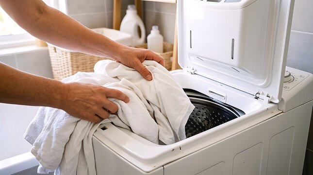 A close-up of a person hands loading dirty white clothes and towels into an open top-loading washing machine, symbolizing domestic housework, laundry routine, and chores at home.