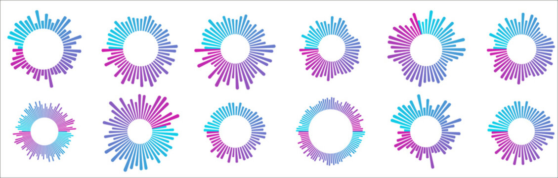 Podcast wave collection with neon gradient circular patterns and horizontal soundwaves on dark background. Audio frequency lines in cyan, blue and magenta - radial bursts and streaming podcast icons