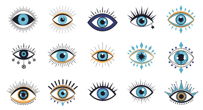 Collection of fifteen diverse evil eye and protection symbols with various artistic designs and shades of blue.