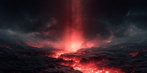 Fototapeta premium Fiery Eruption from Alien Planet Core with Red Glow and Luminescent Lava Stream Breaking Through Surface