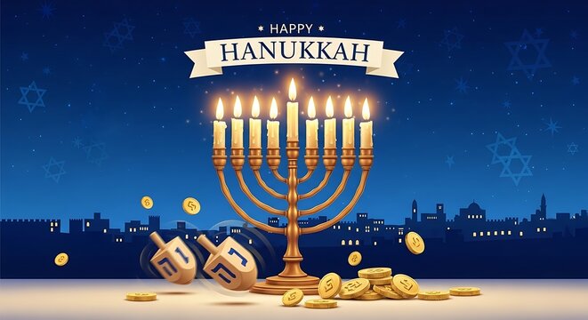 Hanukkah celebration with menorah and coins at night