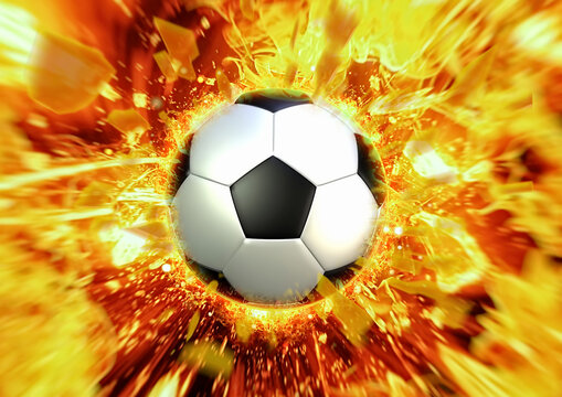 炎をまとったサッカーボールの爆発的エネルギー背景｜スポーツイメージCG