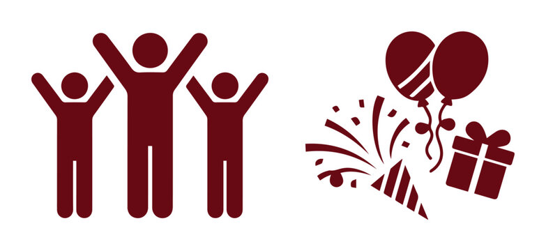 Celebration party icons set, burgundy red people silhouettes with arms raised, festive event elements with balloons and confetti, holiday vector graphics