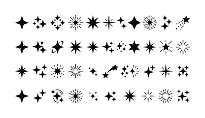 Sparkling star icons set, black twinkle and shine vector elements, 40 decorative glitter and glow symbols for magic and celebration designs © Farah-Studio