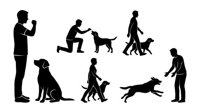 Silhouettes of people interacting with dogs in various activities.
