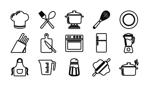 Minimalist kitchen icon set, 15 black line cooking symbols, professional culinary equipment vector collection for restaurant menus and food apps