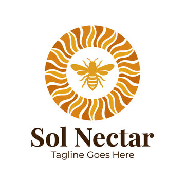 Bee and golden sun burst logo design for organic honey and nectar brands.