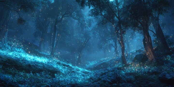 Ethereal Forest with Glowing Roots and Trees in a Mystic Blue Light in an Enchanted Atmosphere