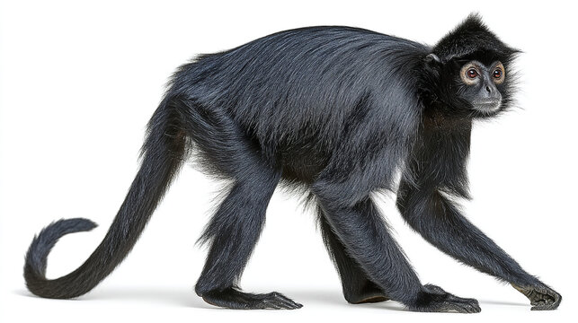 Black spider monkey with long tail walking on white background forest dweller primate family wildlife