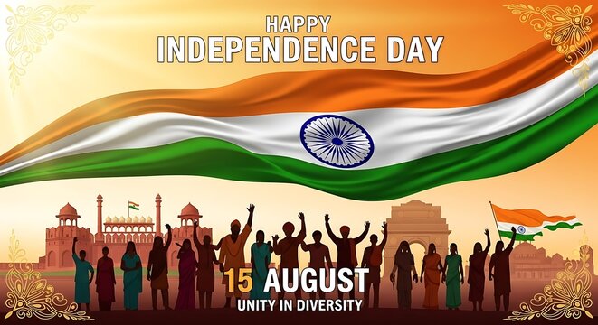 Indian Independence Day celebration with national flag waving against sunset sky and crowd silhouette