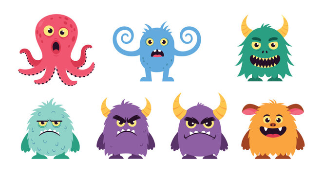 Assorted group of cute and colorful monsters with different expressions and features perfect for mascot or character design.