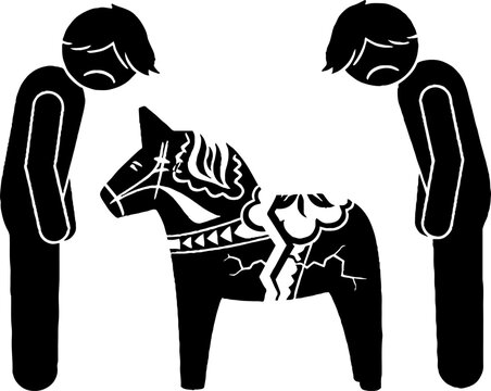 Sad people looking at a broken traditional dala horse