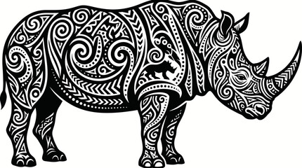 Majestic Tribal Pattern Rhinoceros Standing, Intricate Black and White Rhino Art on Isolated White Background. © Tafrichan