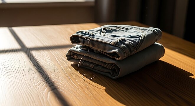 A stack of folded light blue denim jeans on a wooden table indoors.