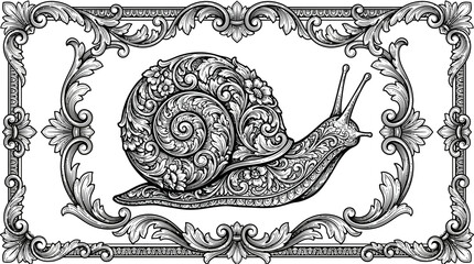 Ornate Snail with Detailed Floral Patterns and Elegant Baroque Frame on Isolated White Background © Tafrichan