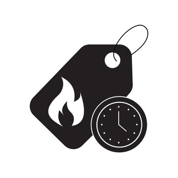 Hot sale price tag with clock icon limited time offer discount label flame burning symbol countdown flash sale retail marketing promotion vector graphic element
