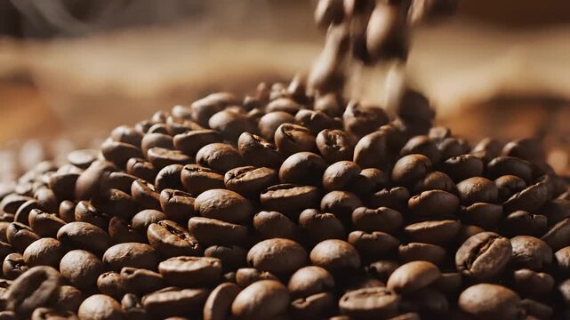 Closeup of Roasted Coffee Beans Falling into a Pile 1.