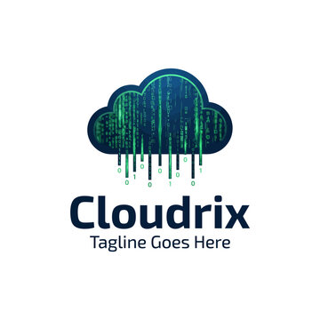 Cloud computing logo with digital rain matrix and data stream effect.
