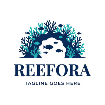 Coral reef underwater ecosystem logo with fish and marine plants.