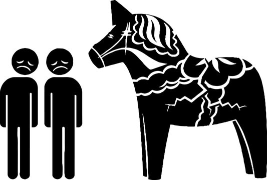 Small sad figures standing next to a large broken dala horse