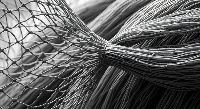 Close up of a bundle of fishing nets made of thin grey rope, tied together with a metal ring, showing detailed texture and pattern of the mesh